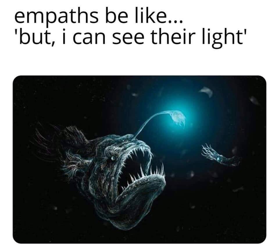 [image text] empaths be like… ‘but, i can see their light’ 
[image] angry and ominous looking anglerfish illuminating her antennae in a dark sea, drawing in a small unsuspecting sea creature