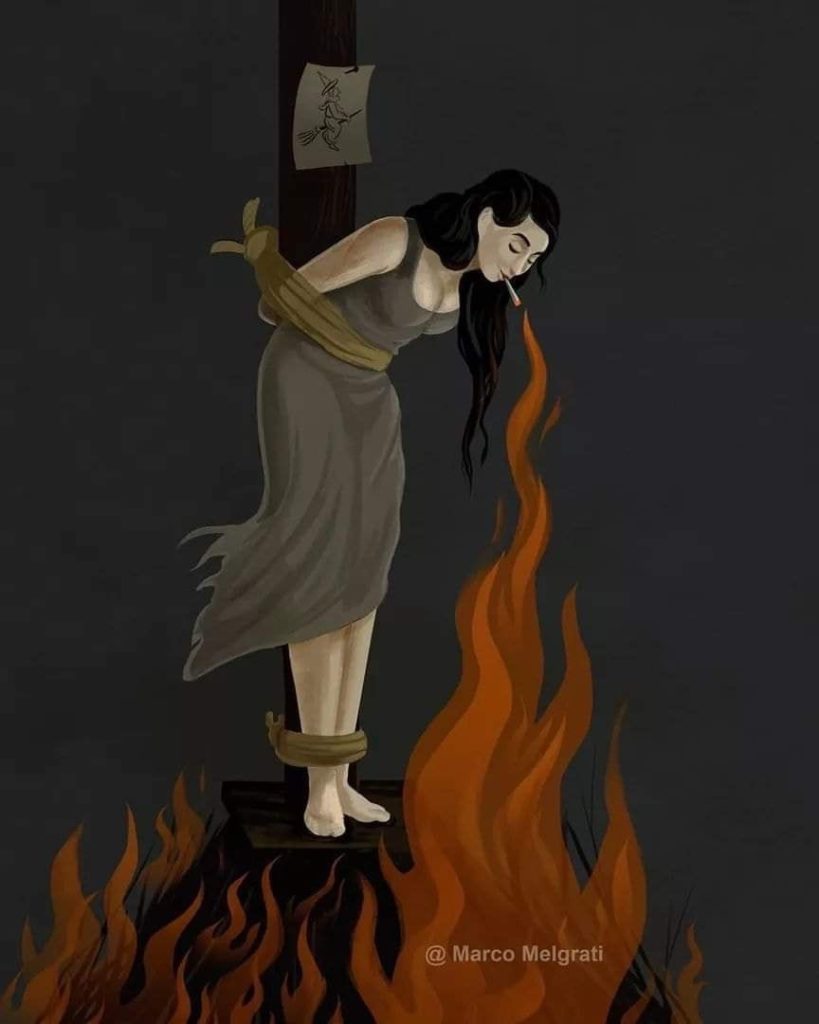 [image] heretic being burned at the stake, and she takes it in with calm cool casualness as she lights her cigarette by the fires that have been set to her. Art by @Marco Melgrati